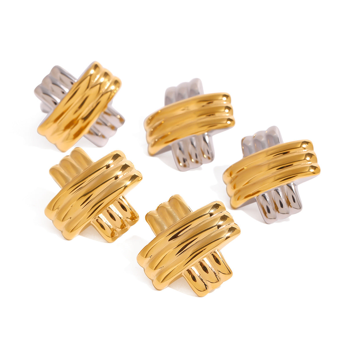 Wholesale 18K gold stainless steel gold and silver color matching rib X earrings