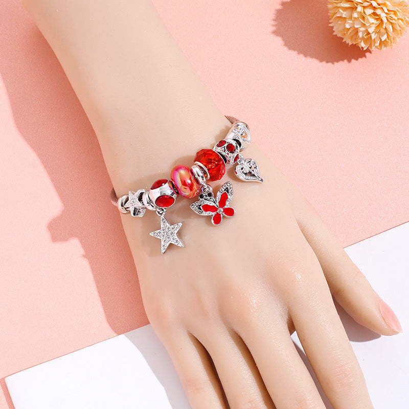 Wholesale Pentagram Butterfly Rhinestone Beaded Stainless Steel Bracelet ACC-BT-QingLian004