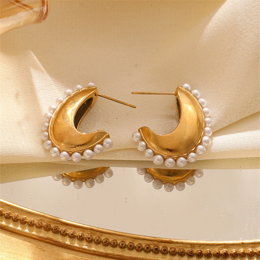 Wholesale Vintage Pearl Earrings Zircon C-Shaped Earrings ACC-ES-TaiYu002