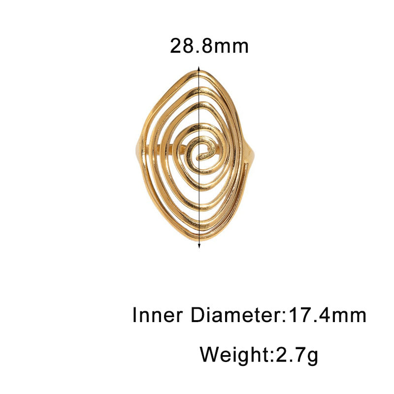 Wholesale Geometric Spiral Adjustable Open Ring Stainless Steel Gold Plated Wide Band Jewelry Accessory