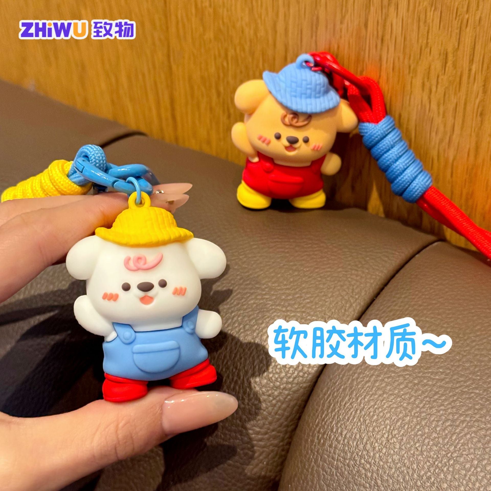 Wholesale Cute Puppy in Overalls PVC Keychain - Soft Rubber Bag Charm Keyring,  Creative Gift for Couples