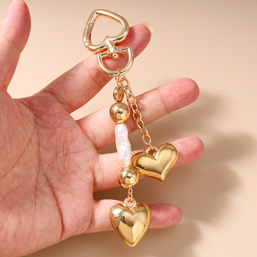 Wholesale Fashion Heart-Shaped Peach Heart Key Chain Pearl Stereo Heart Key Chain Key Ring Bag Pendant