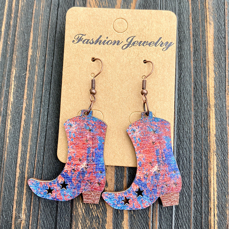 Wholesale Western Revival Rust Printed Wood Ear Rings ACC-ES-XinChuan008