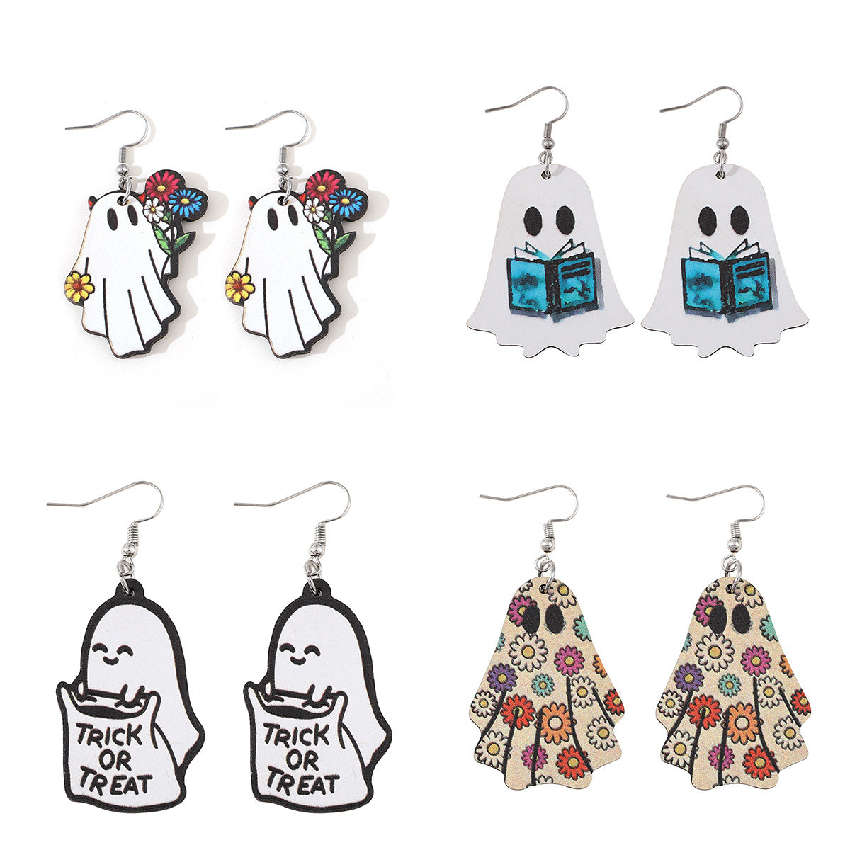 Wholesale Halloween Gothic Style Cute Ghost Flower Book Pocket Ghost Pendant Wooden Double Sided Earrings