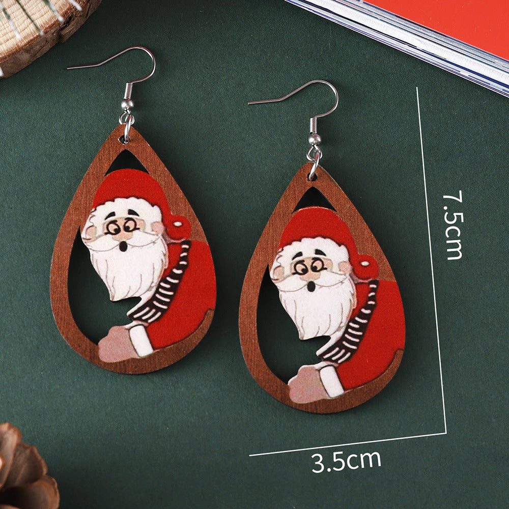Wholesale Christmas Santa Elk Water Drop Pendant WoodenEarrings
