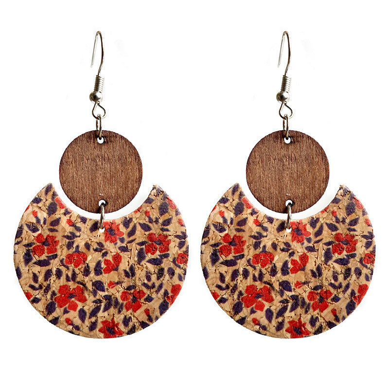Wholesale Cork Printed Round Geometric Earrings Wood Leather Jewelry Gift