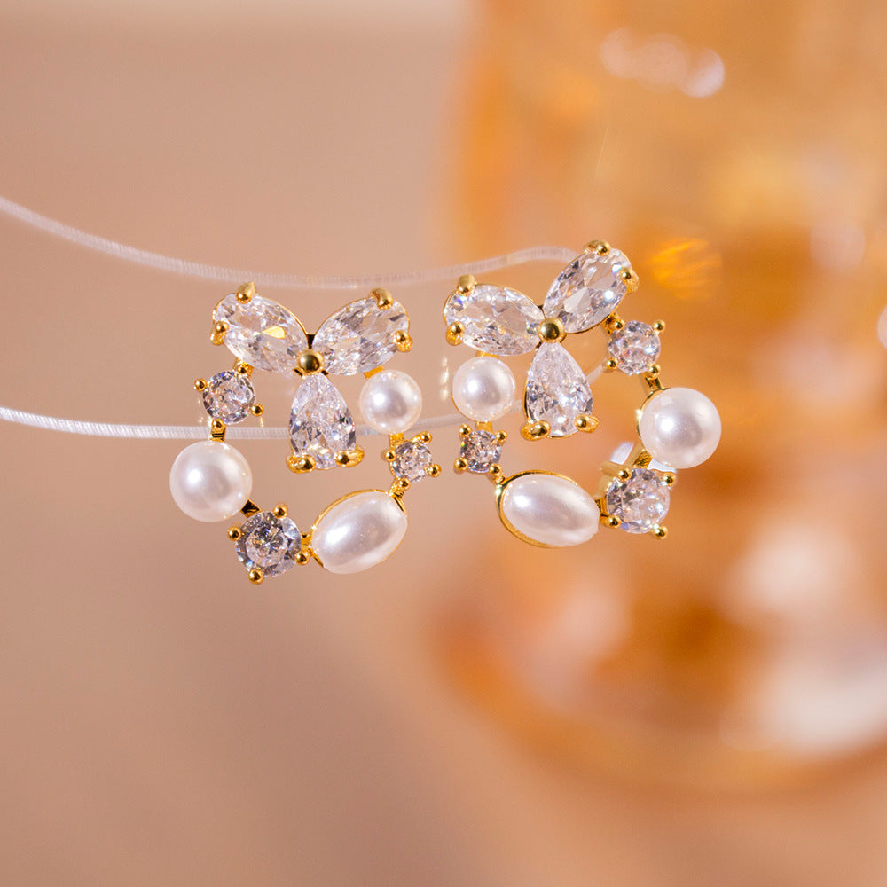 Wholesale Super shiny zircon three-leaf flower pearl earrings