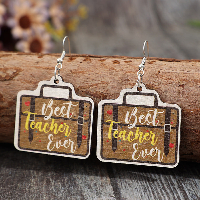 Wholesale  School Season Graduation Season School Bag Printed with English Letters Wooden Fashion Earrings