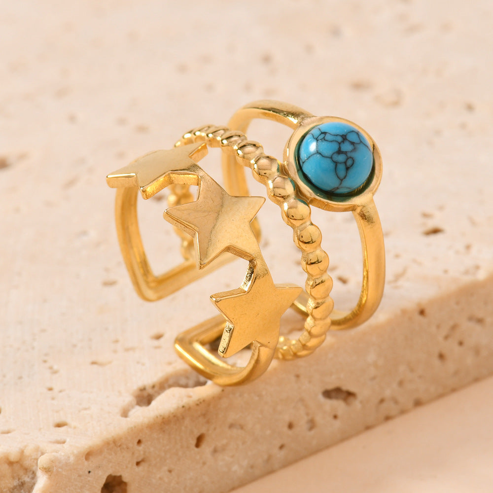 Wholesale Vintage Bohemian Open Stainless Steel Ring with Turquoise Inlay Jewelry Accessory