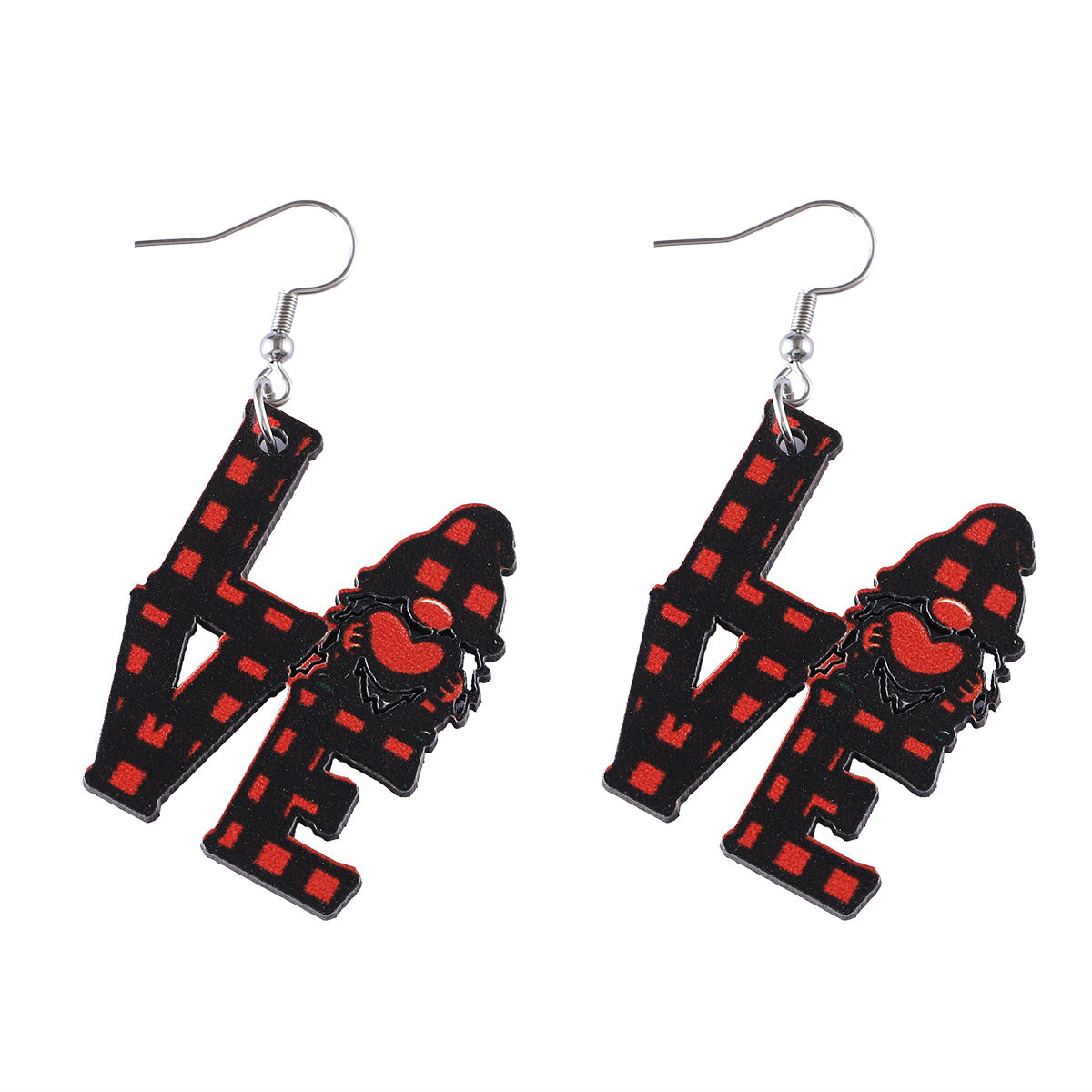 Wholesale Wooden Valentine' s Day LOVE Checkered Heart Dwarf Earrings