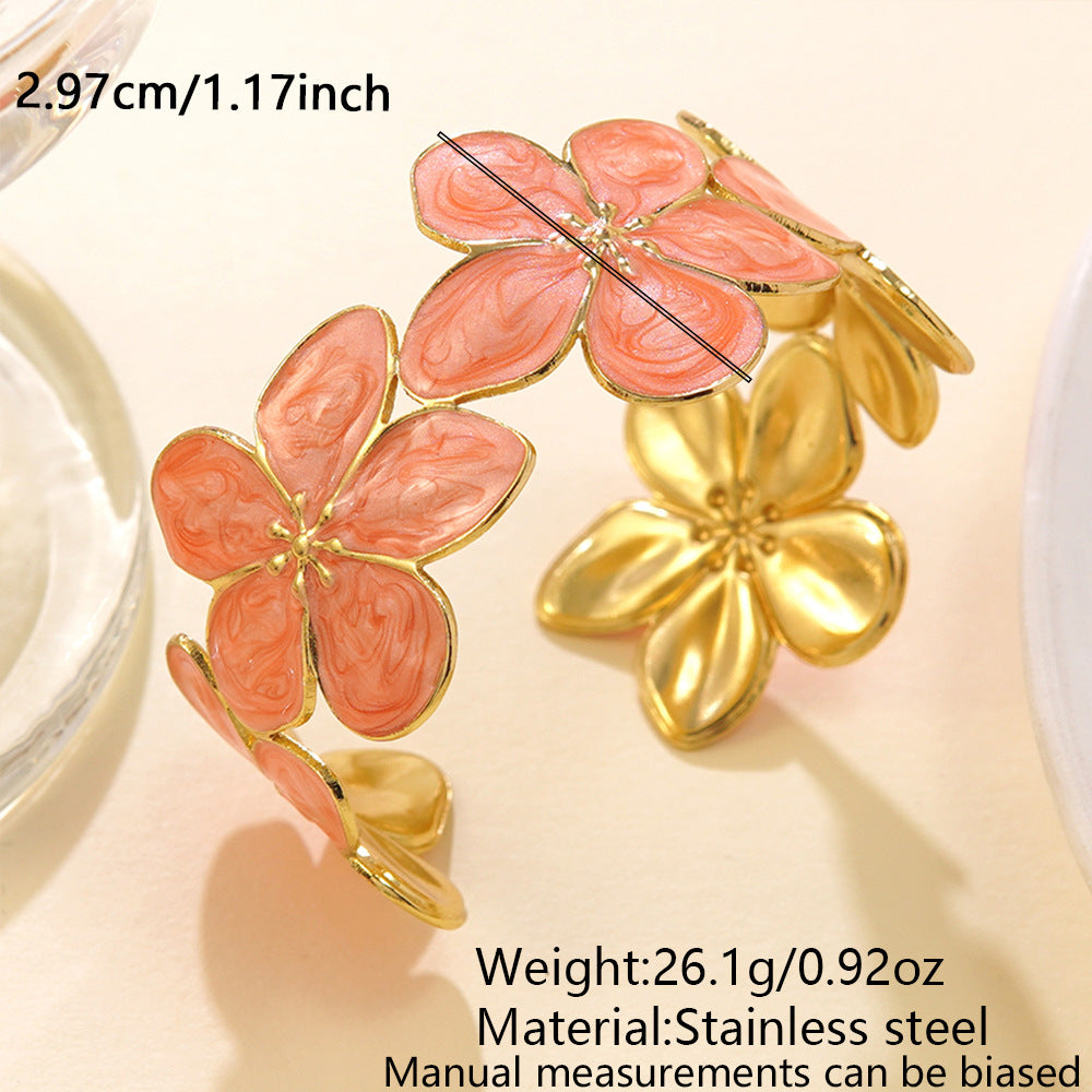 Wholesale Dripping Oil Flower Stainless Steel C-Shape Open Bracelet Fashion Jewelry Accessory