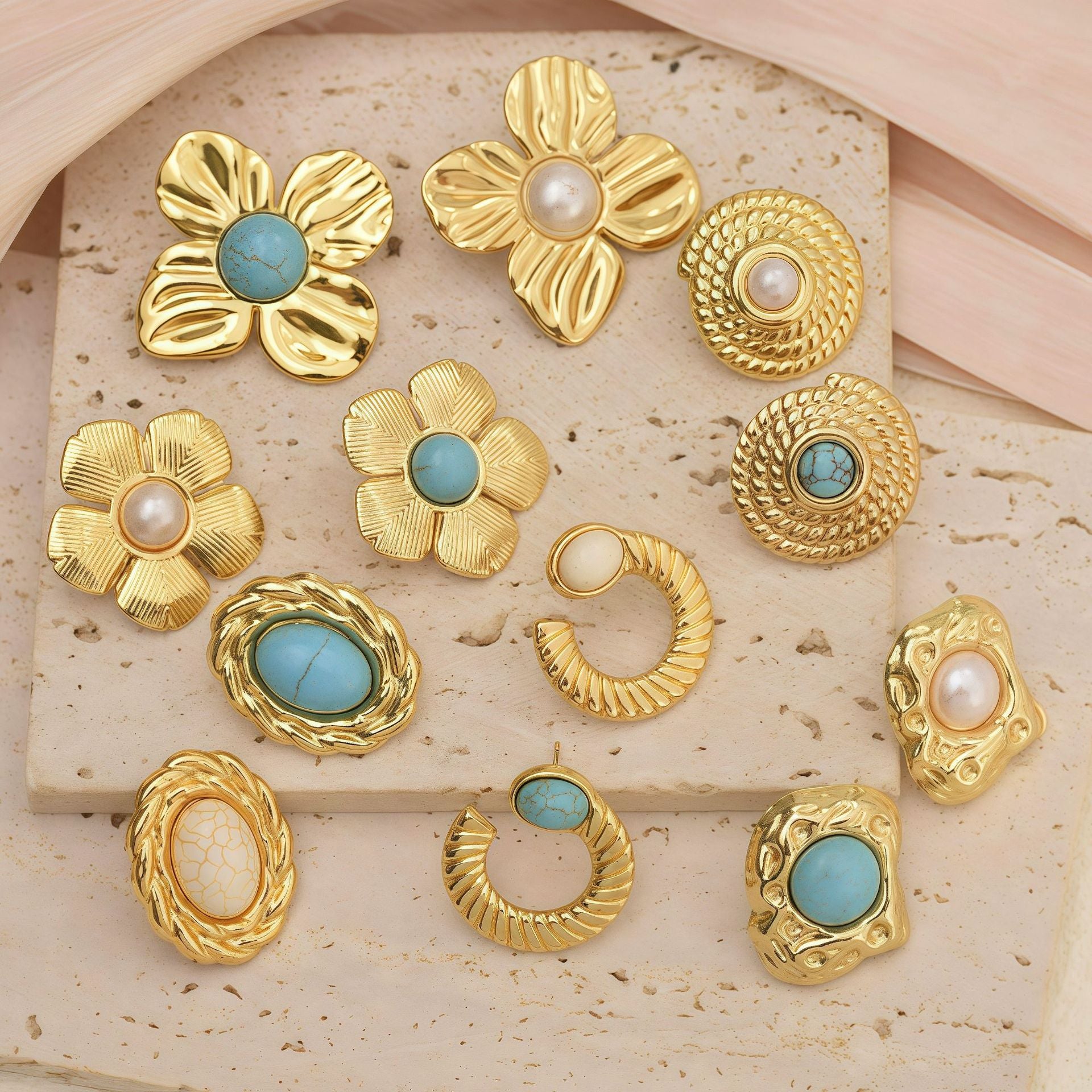 Wholesale Retro Chic Light Luxury Turquoise and Pearl Stud Earrings