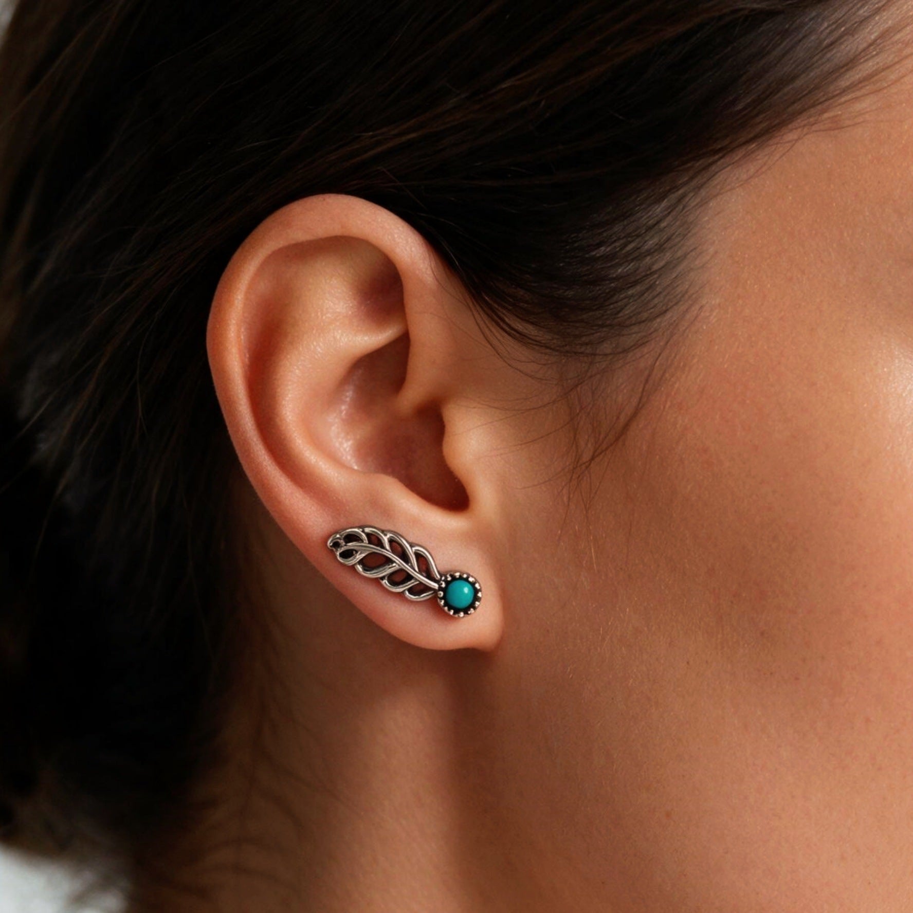 Wholesale Retro Bohemian Feather Turquoise Stud Earrings For Women Ethnic Style Boutique Resale Jewelry
