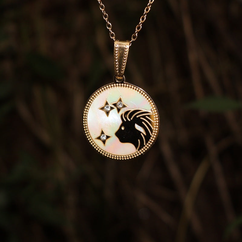 Wholesale Zodiac Diamond Round Shell Stainless Steel Pendant Necklace 18K Gold Plated