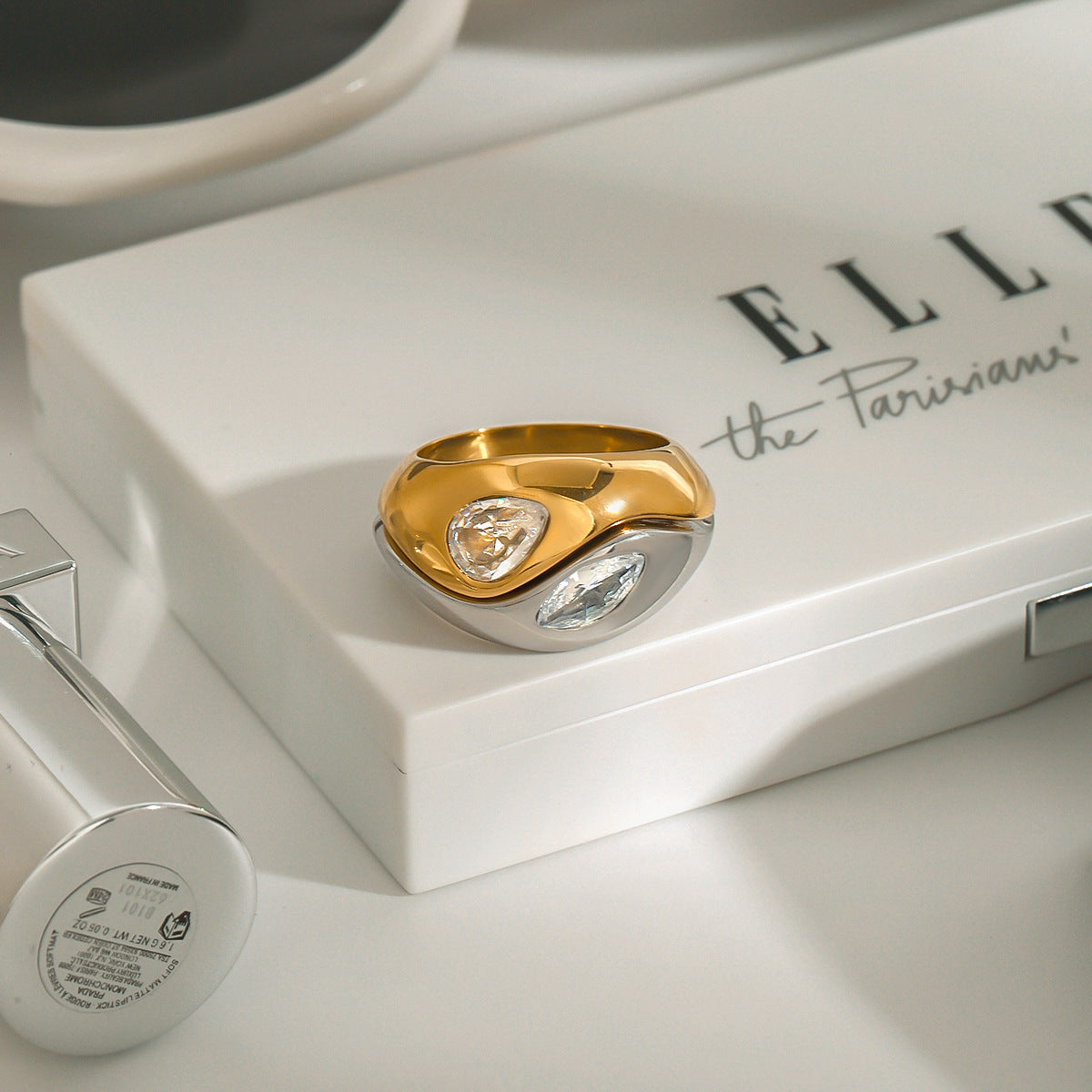 Wholesale  18K gold stainless steel diamond drop-shaped irregular smooth ring