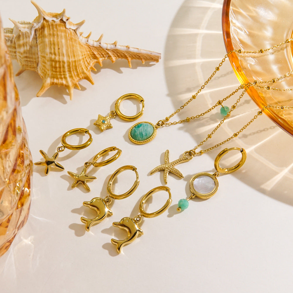 Wholesale Stainless Steel Tropical Sea Elements Starfish Dolphin Necklace Earrings Jewelry suit