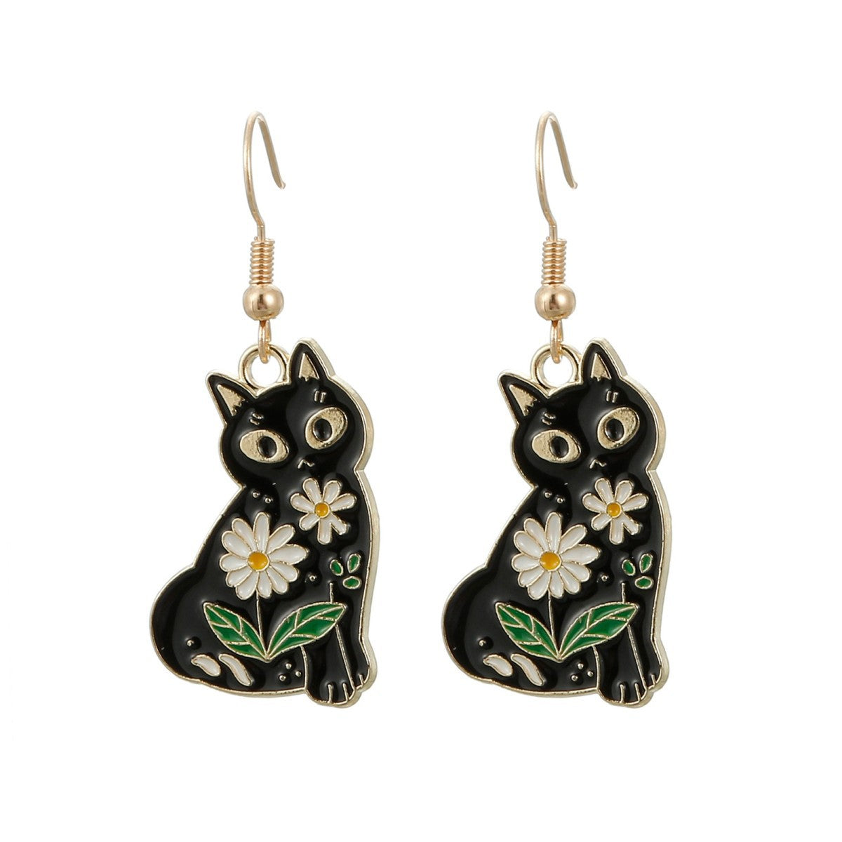 Wholesale Cartoon Cat Flower Black Enamel Earrings Cute Kitten Pendant Fashion Jewelry Accessory for Women Boutique Gift