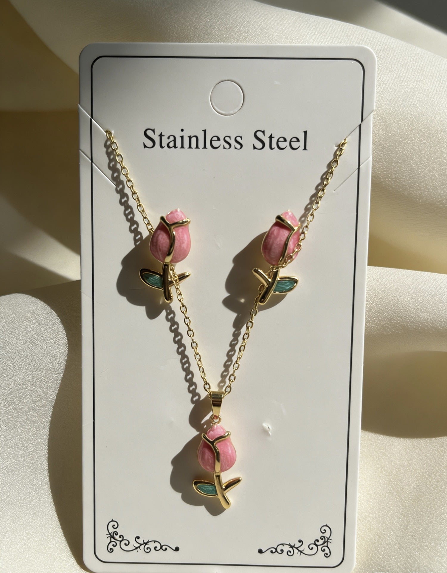 Wholesale Stainless Steel Flower and Teardrop Enamel Earrings and Necklace Set