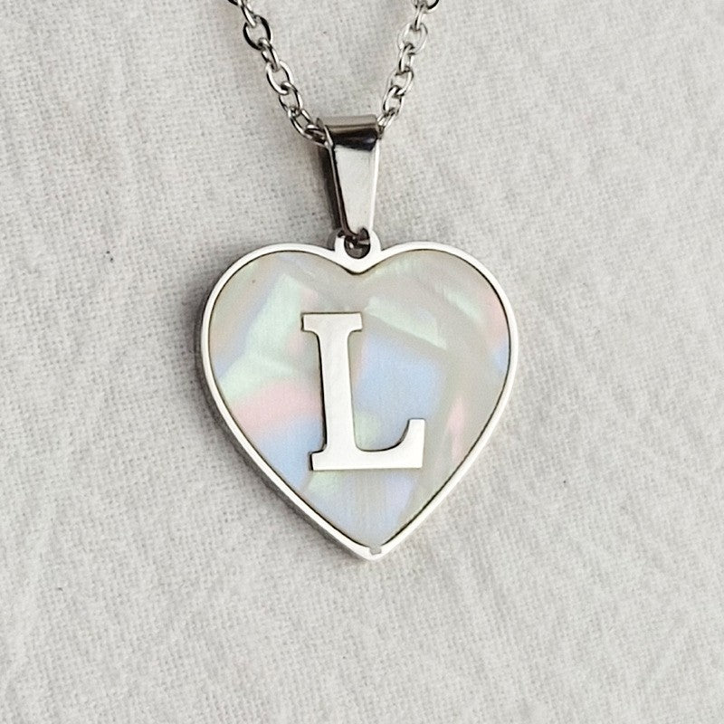 Wholesale 26 English Letters Heart Inlaid Shell Titanium Steel Necklace ACC-NE-DingChao002