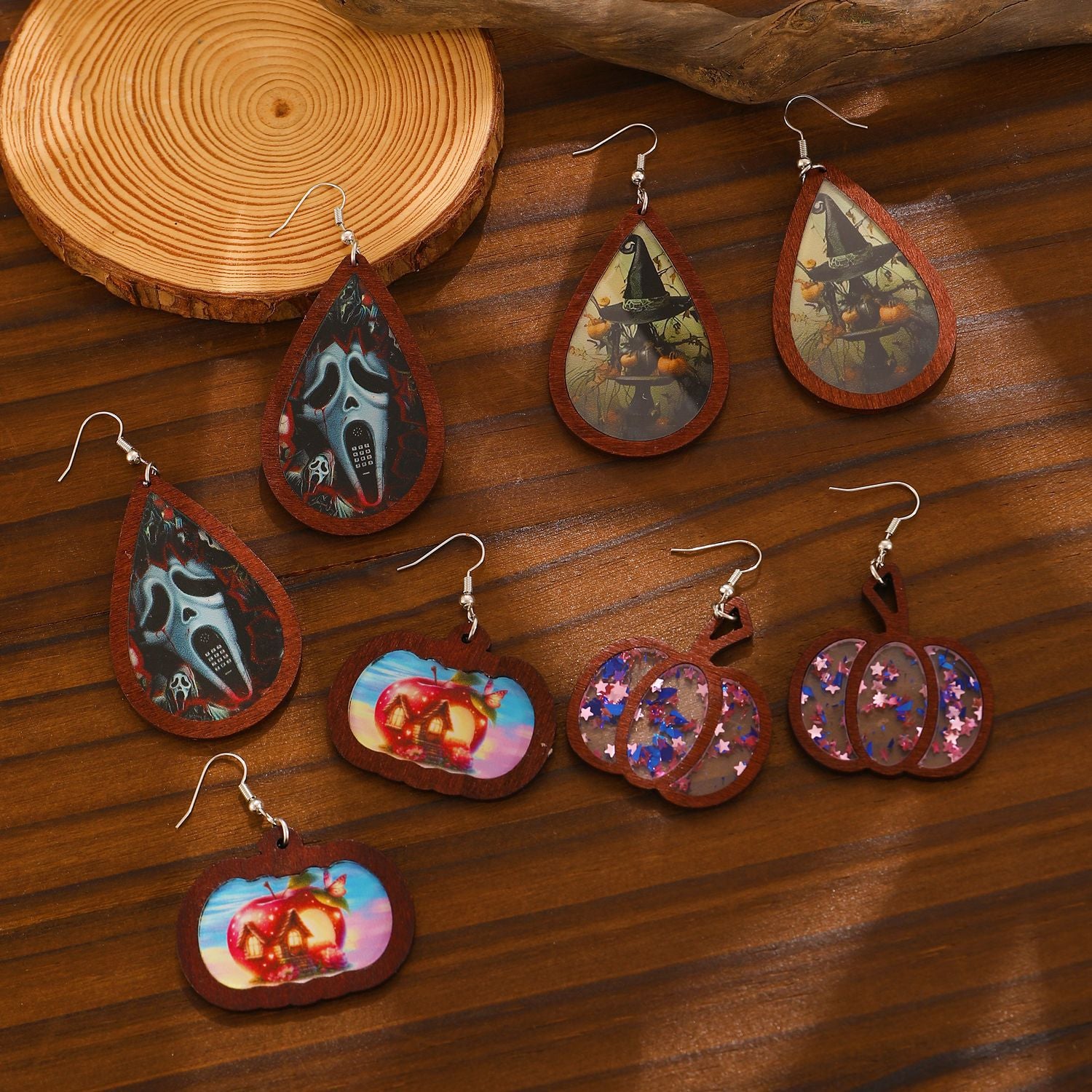 Wholesale  Ghost Pumpkin Printed Wood Drop Earrings Fashion Accessory for Gift Boutique Resale