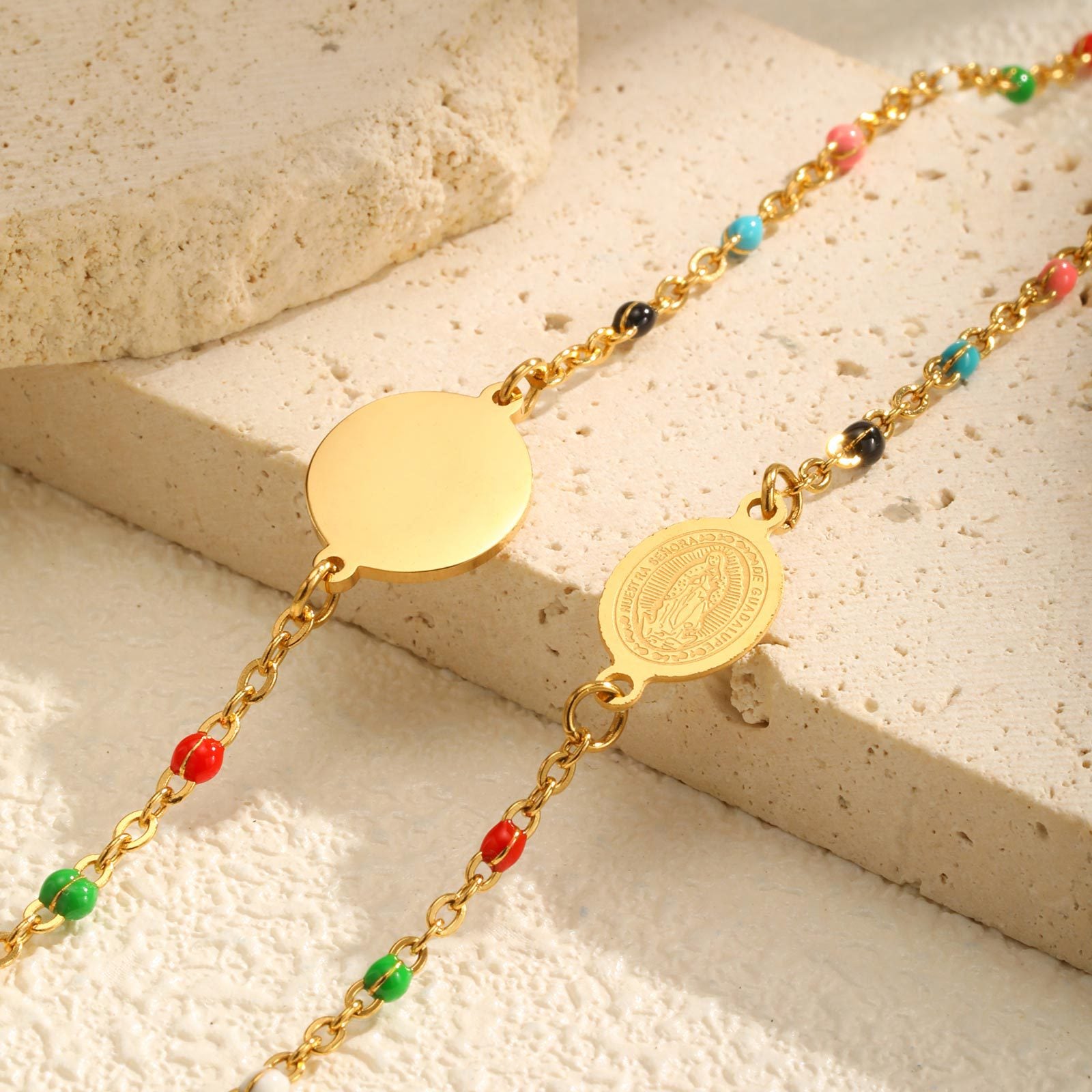 Wholesale Trendy Stainless Steel Colorful Bead Bracelet With Gold Tone Hollow Medal For Women Fashion Jewelry Accessory