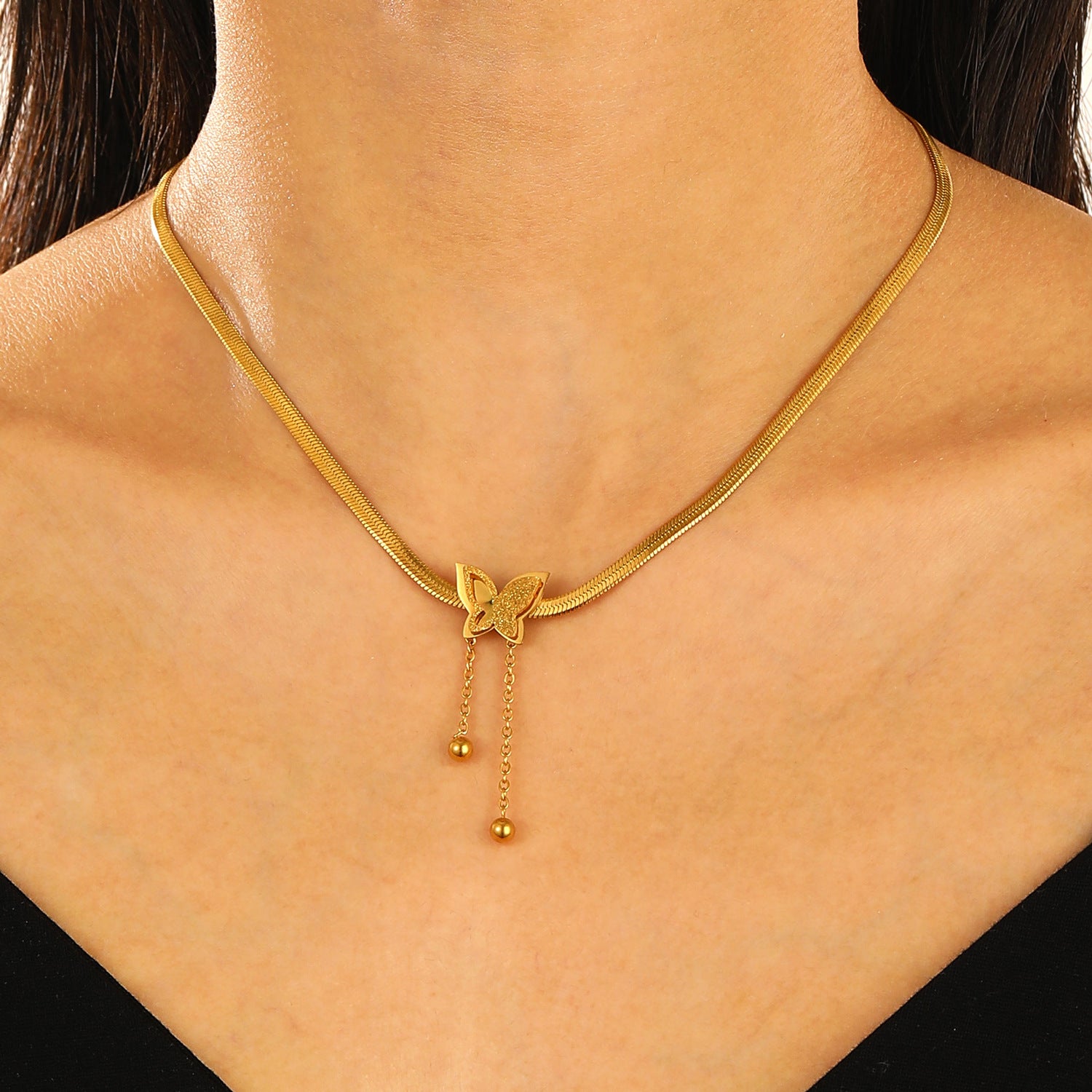 Wholesale Light Luxury Stainless Steel Gold Plated Frosted Butterfly Necklaces ACC-NE-MY017