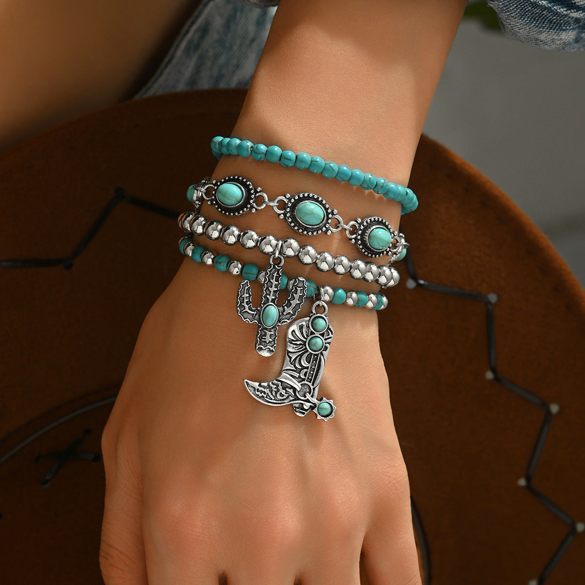Wholesale Retro Cowboy Turquoise Bracelet Set Women S Handmade Engraved Metal Jewelry 5 Piece Gift Everyday Wear