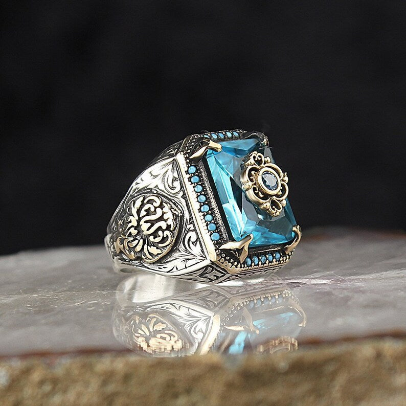 Wholesale Vintage Ethnic Style Texture Inlaid Sea Blue Zircon Rings ACC-RS-Yudie014