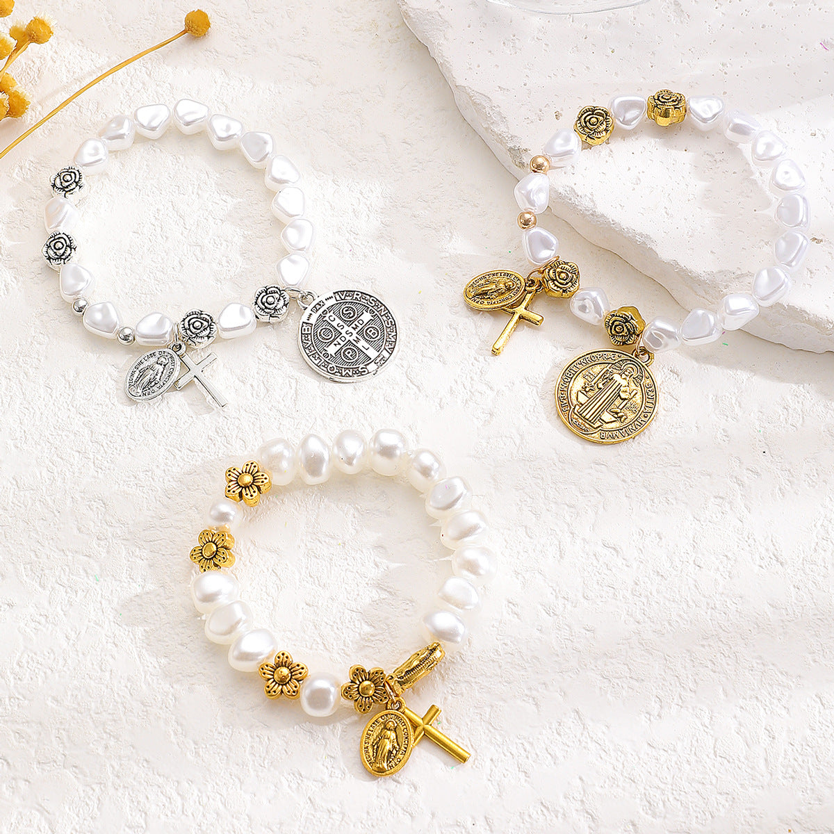 Wholesale Alloy man-made pearl beaded flower and cross Virgin Mary bracelet