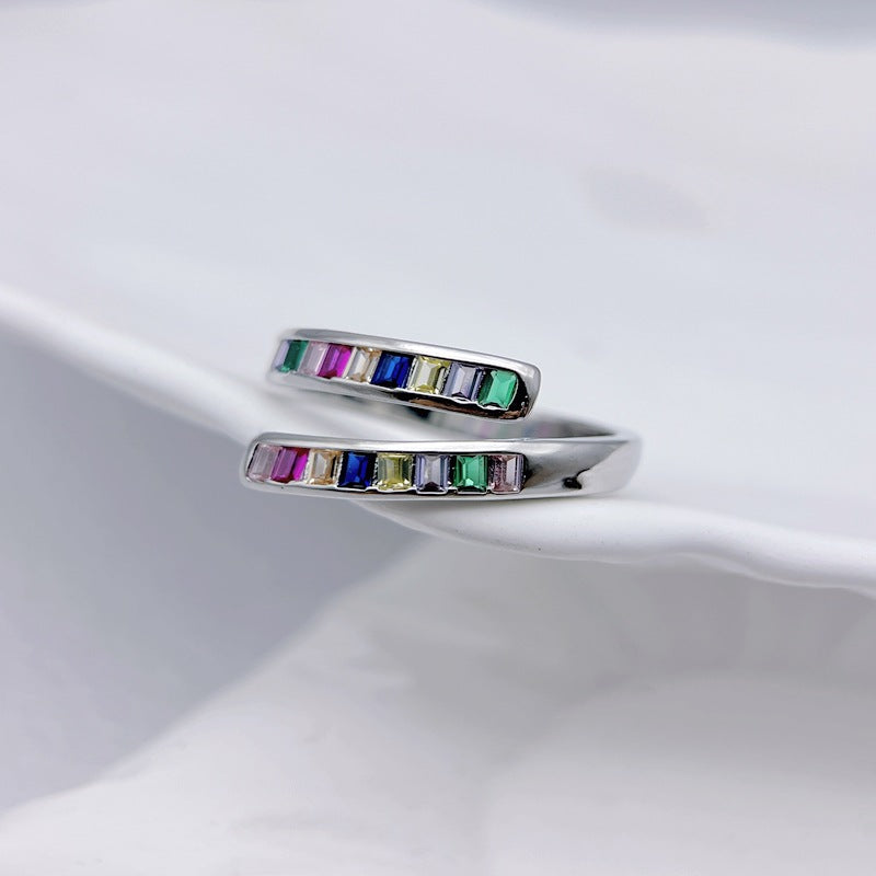 Wholesale Rainbow Color Rectangular Zirconia Double Line Open Rings ACC-RS-YXY031