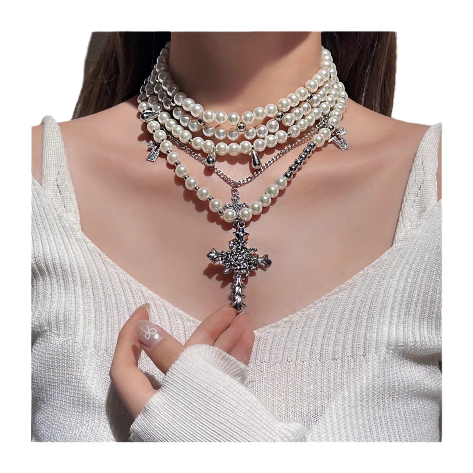 Wholesale Multi-Layered Cross Pearl Necklace