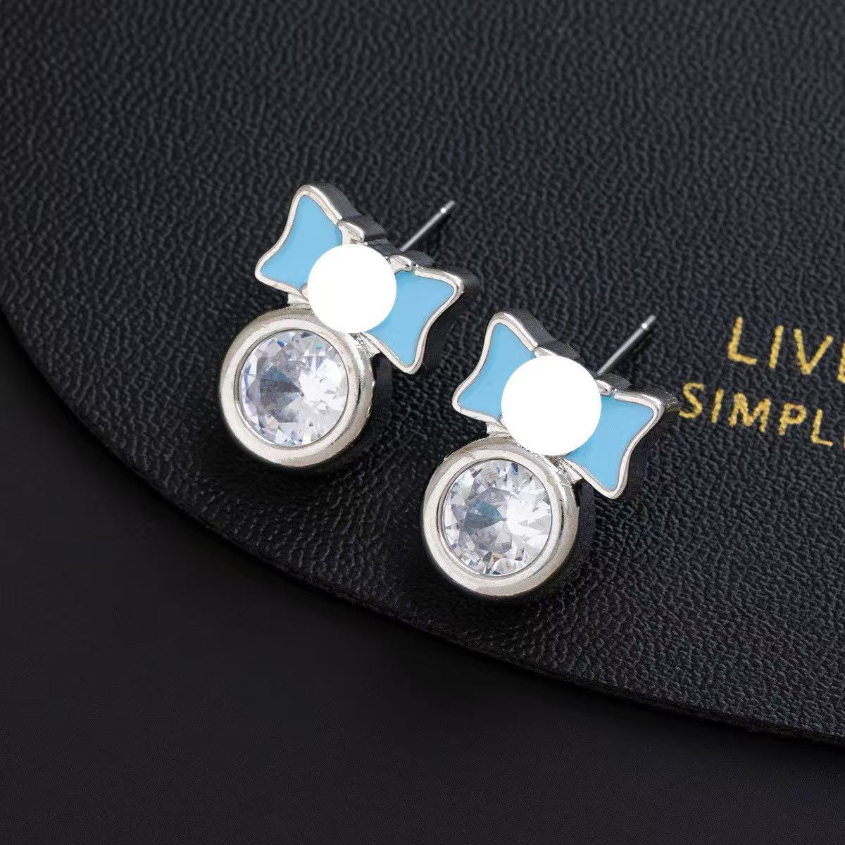 Wholesale French Chic Colorful Zircon Bow Earrings Gold Blue Gold Plated Copper Jewelry Accessory Trendy Party Gift
