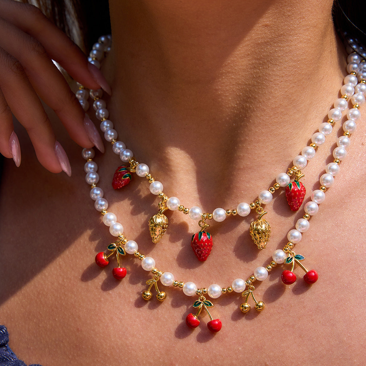 Wholesale  18K Gold Pearl Oil Dripping Cherry Pendant Stainless Steel Necklace Jewelry