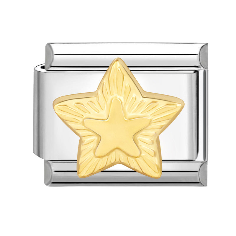 Raised gold-tone star motif on a polished rectangular Italian charm link