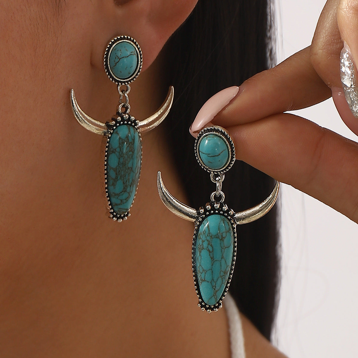 Wholesale 10pcs/pack  retro creative bohemian style cow head personality geometric turquoise earrings for women