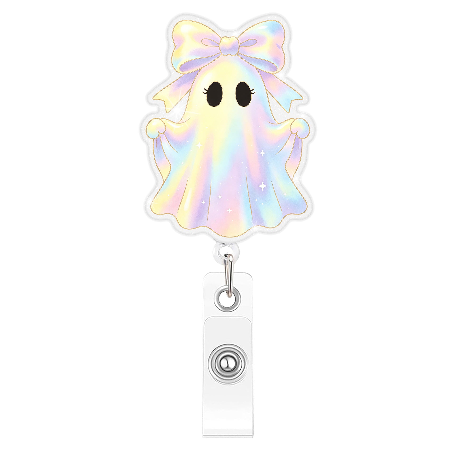 Wholesale Trendy Glitter Boo Ghost Retractable Badge Reel Plastic Car Key Accessory With Gradient Finish Decorative Party Gift