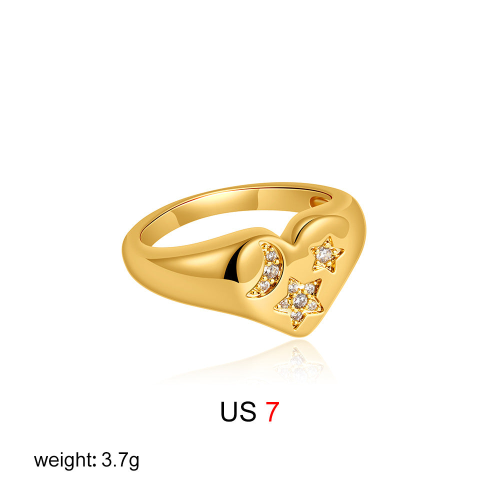 Wholesale  18K Gold Inlaid Zircon Love Ring Star Moon Tail Ring Double Heart-shaped Open Ring