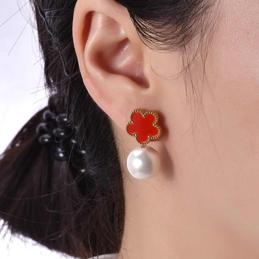 Wholesale Titanium Steel Five Leaf Flower Shell Earrings ACC-ES-QianHui004