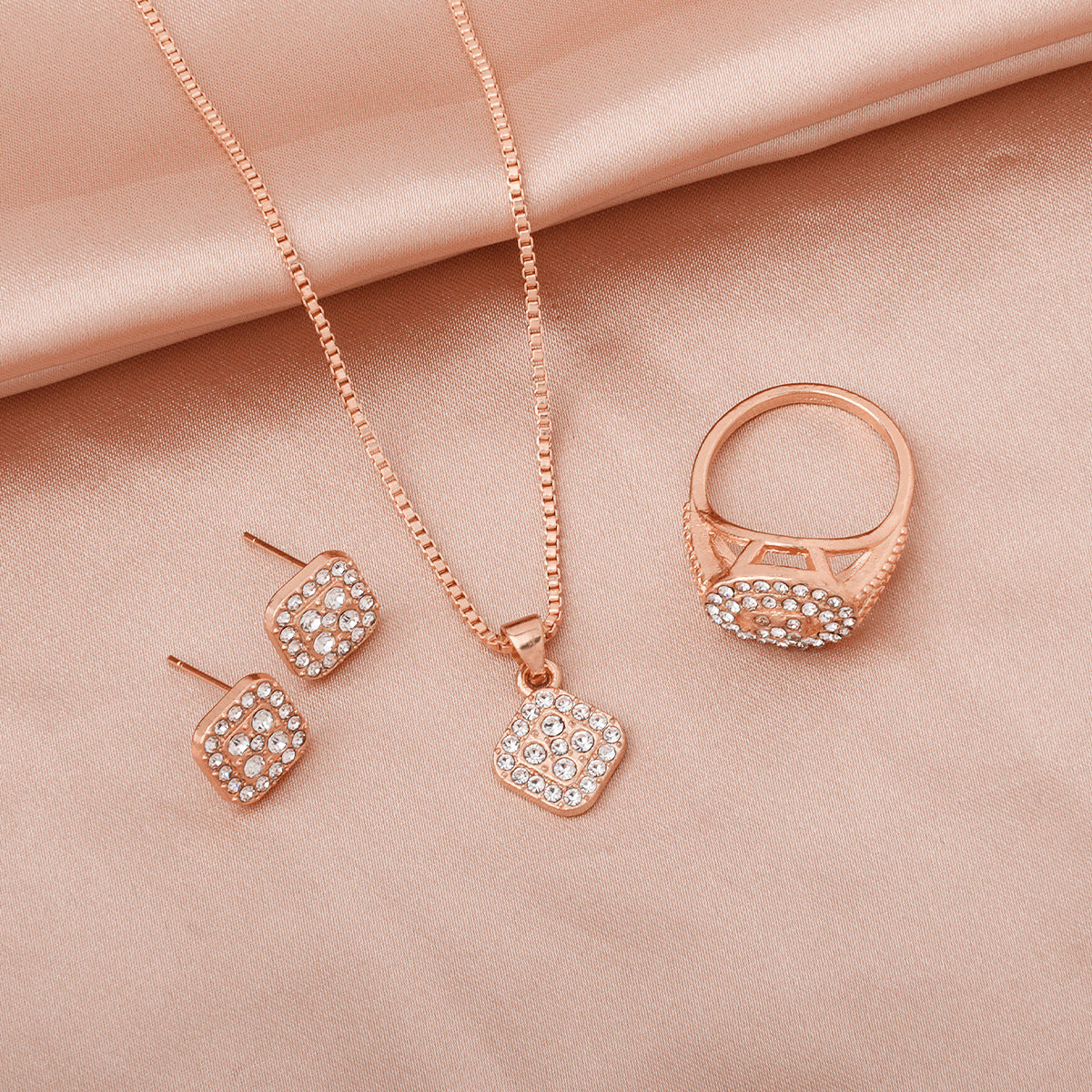 Wholesale  square zircon necklace ring  earrings  three-piece set  jewelry set
