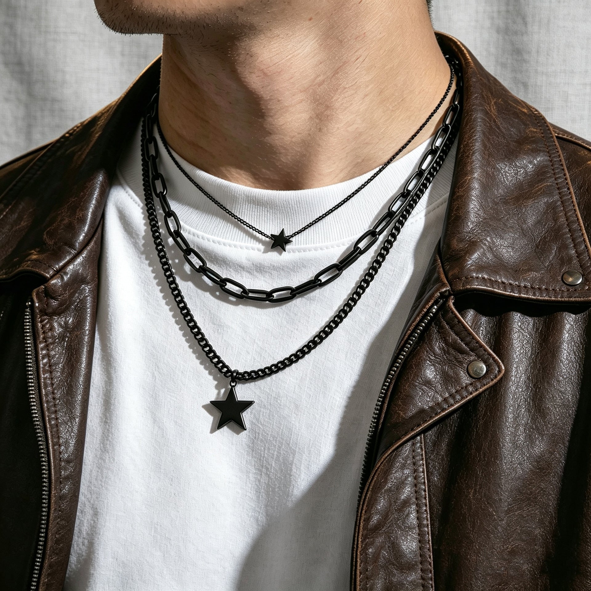 Wholesale Trendy Men S Black Layering Necklace With Star Pendant Chic Alloy Fashion Jewelry Accessory Everyday Wear And Boutique Resale Gift