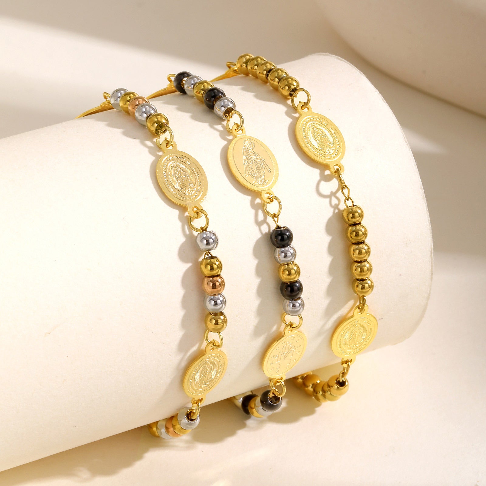 Wholesale Chic Gold Tone Stainless Steel Round Bead Bracelet For Women Everyday Fashion Accessory
