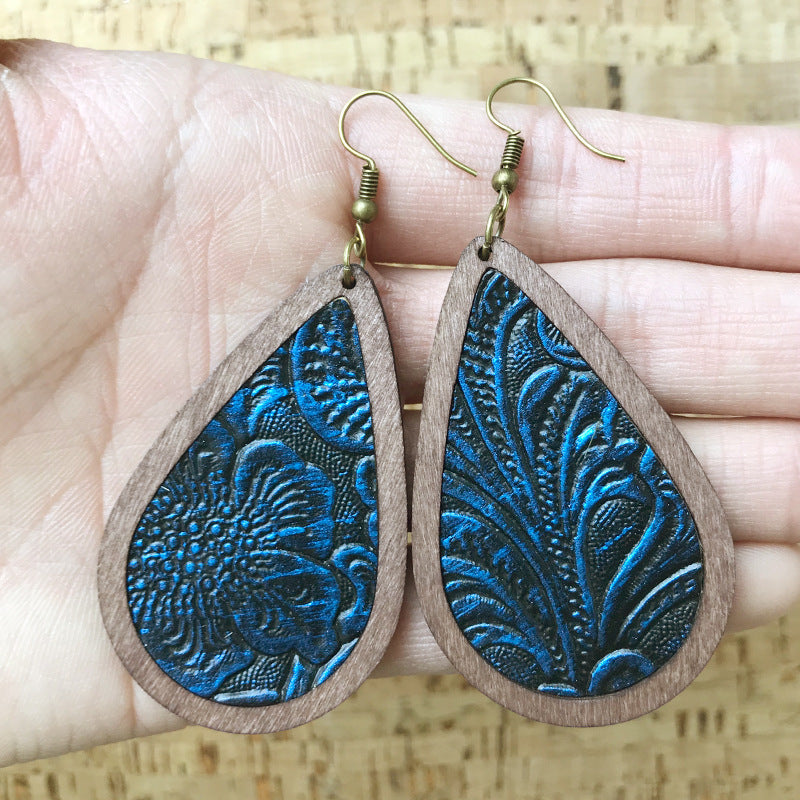 Wholesale 3 pairs/  pack Leather Bohemian vintage embossed wooden frame earrings