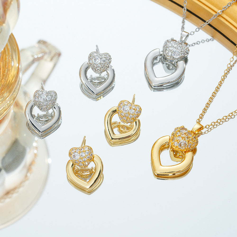 Wholesale Titanium Steel Heart Zircon Necklace and Earring Set Gold Plated Fashion Jewelry Accessory for Women