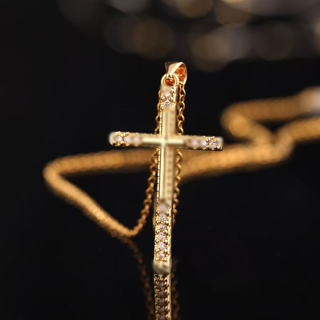Wholesale Chic Hip Hop Cross Necklace Gold Plated Copper With Zircon Fashion Accessory For Women Boutique Resale Gift