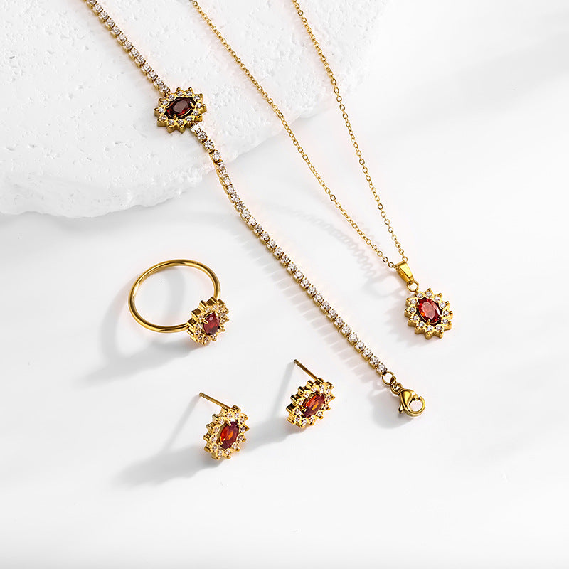 Wholesale vintage 18k titanium steel red zircon flower jewelry set