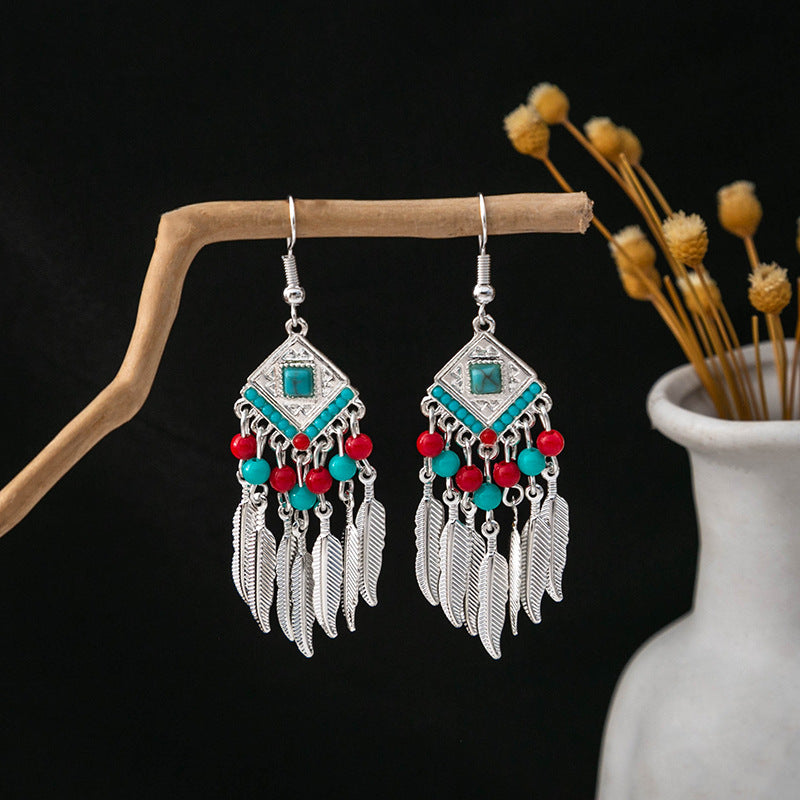 Wholesale Ethnic Style Long Feather Alloy Tassel Earrings ACC-ES-MDD023
