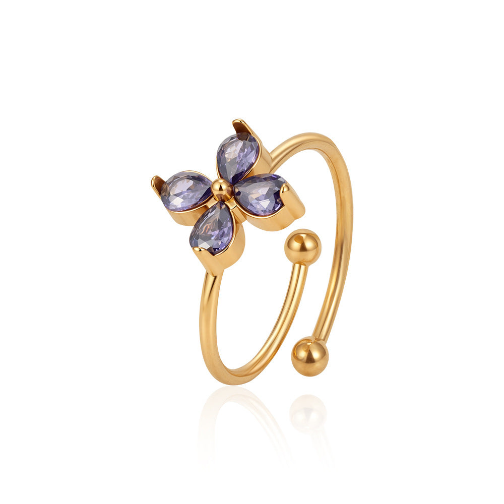 Wholesale Modern Flower Zircon Stainless Steel Adjustable Open Ring Boutique Resale Jewelry