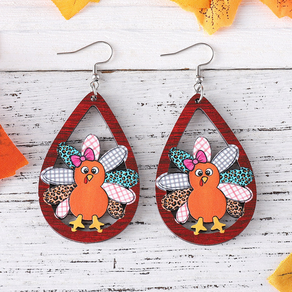 Wholesale Autumn Harvest Thanksgiving Cute Turkey Water Drop Hollow Pendant Earrings