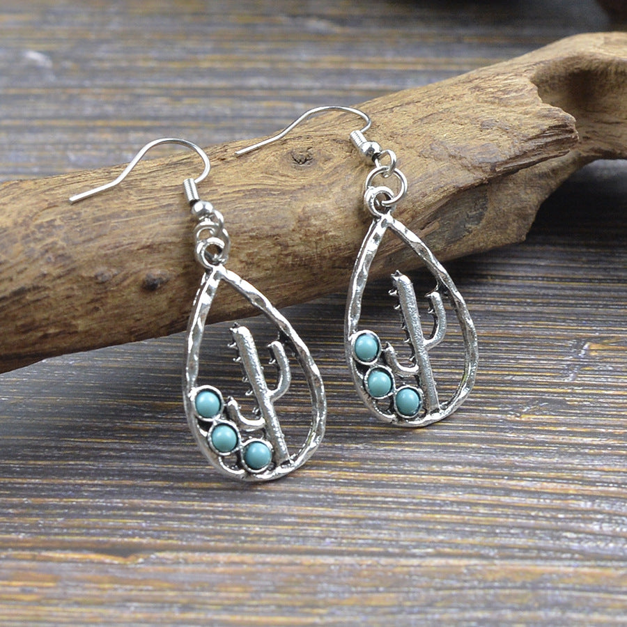 Wholesale Retro Bohemian Turquoise Cactus Drop Earrings Zinc Alloy Jewelry Accessory