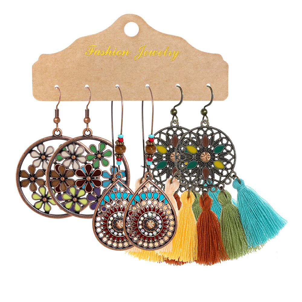 Wholesale Retro Ethnic Round Metal Tassel Earrings Set Fashion Accessory